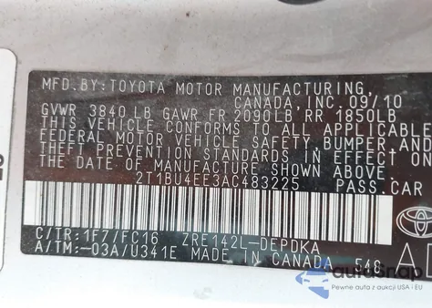 2010 Toyota Corolla Le z USA, uszkodzony, nr VIN 2T1BU4EE3AC483225